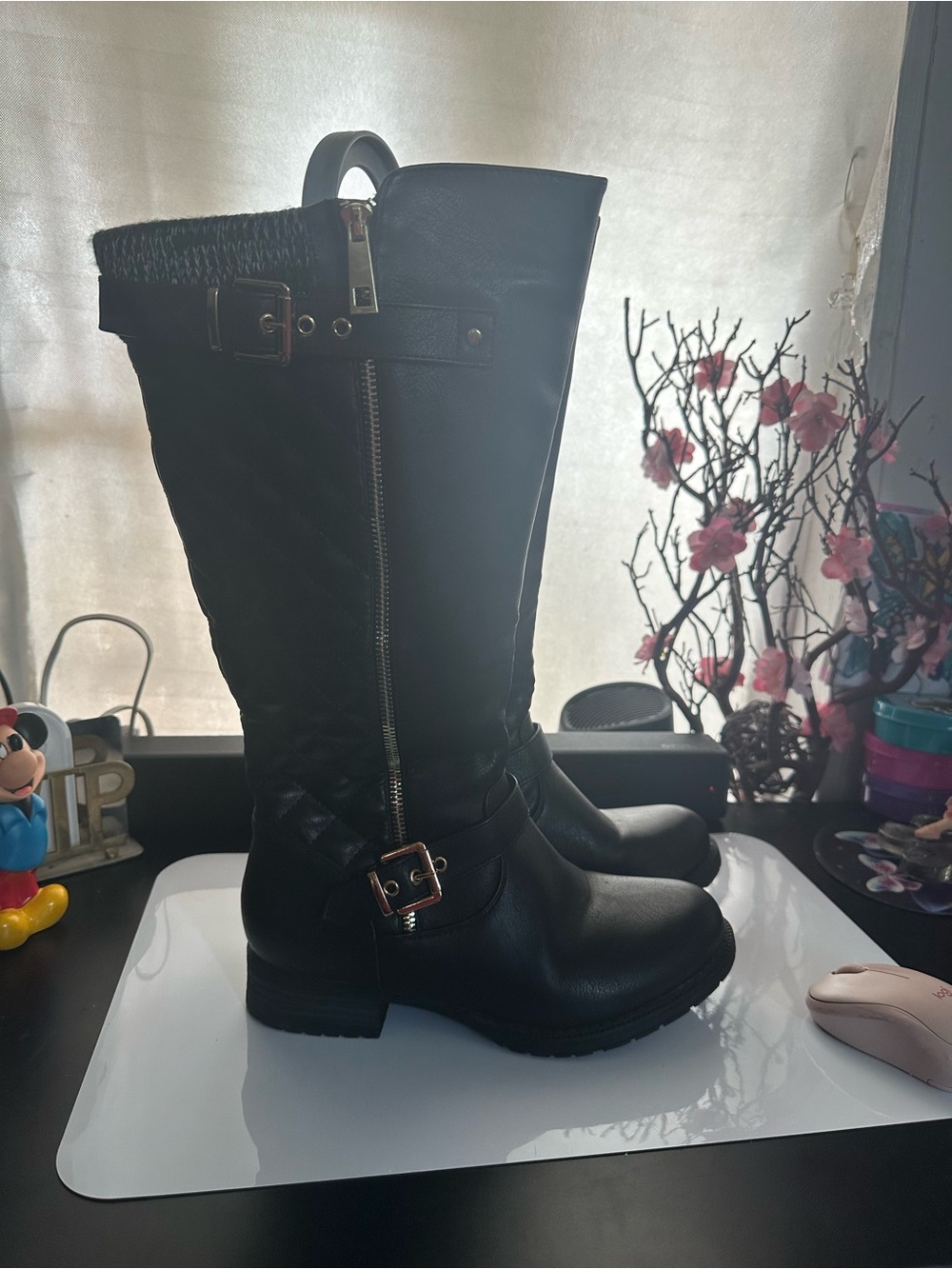 Global Win Black Quilted Mid-Calf Riding Boots with Buckle Detail